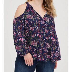 Torrid Cold Shoulder NEW Plus Size 3X Blouse Crinkle Gauze Navy/Pink/Red Floral